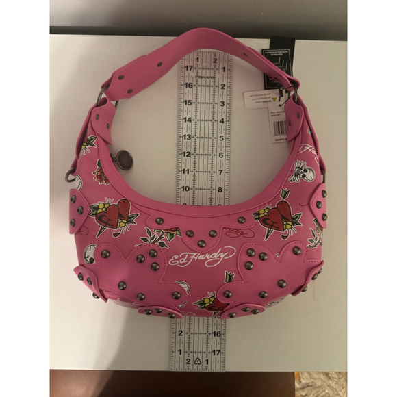 Ed Hardy Candy Pink Skulls Hearts & Roses Small Studded Hobo Shoulder bag charms - Picture 7 of 10